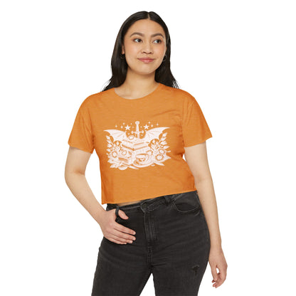 White Winged Stack of Books Crop Top