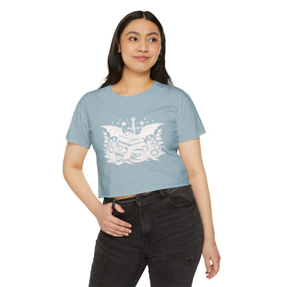 White Winged Stack of Books Crop Top