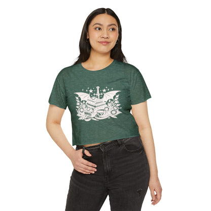 White Winged Stack of Books Crop Top