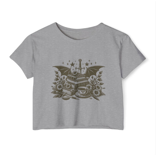 Vintage Grey Winged Stack of Books Crop Top