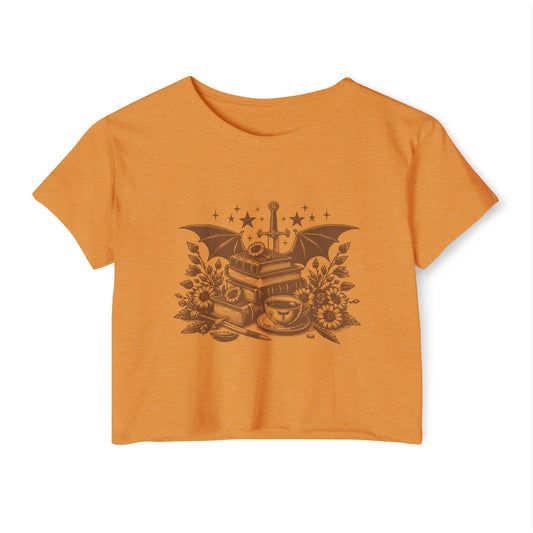 Vintage Winged Stack of Books Crop Top