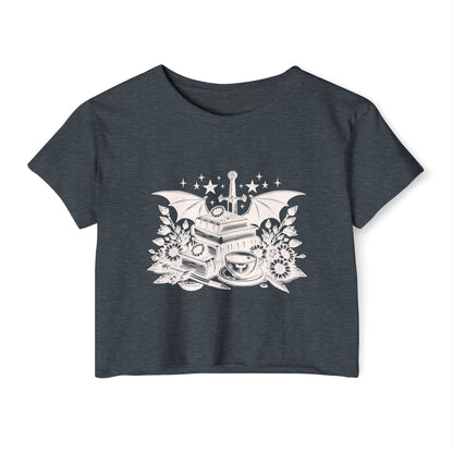 White Winged Stack of Books Crop Top