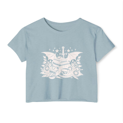 White Winged Stack of Books Crop Top