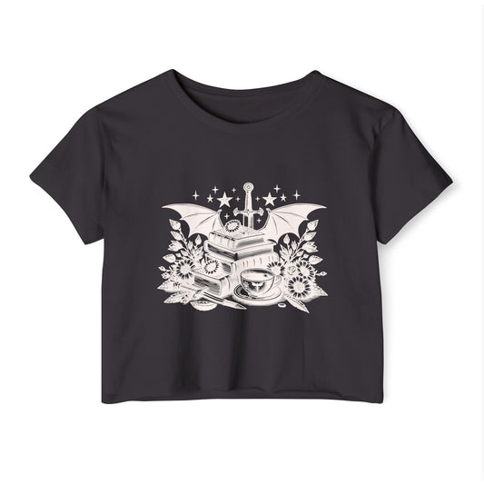 White Winged Stack of Books Crop Top